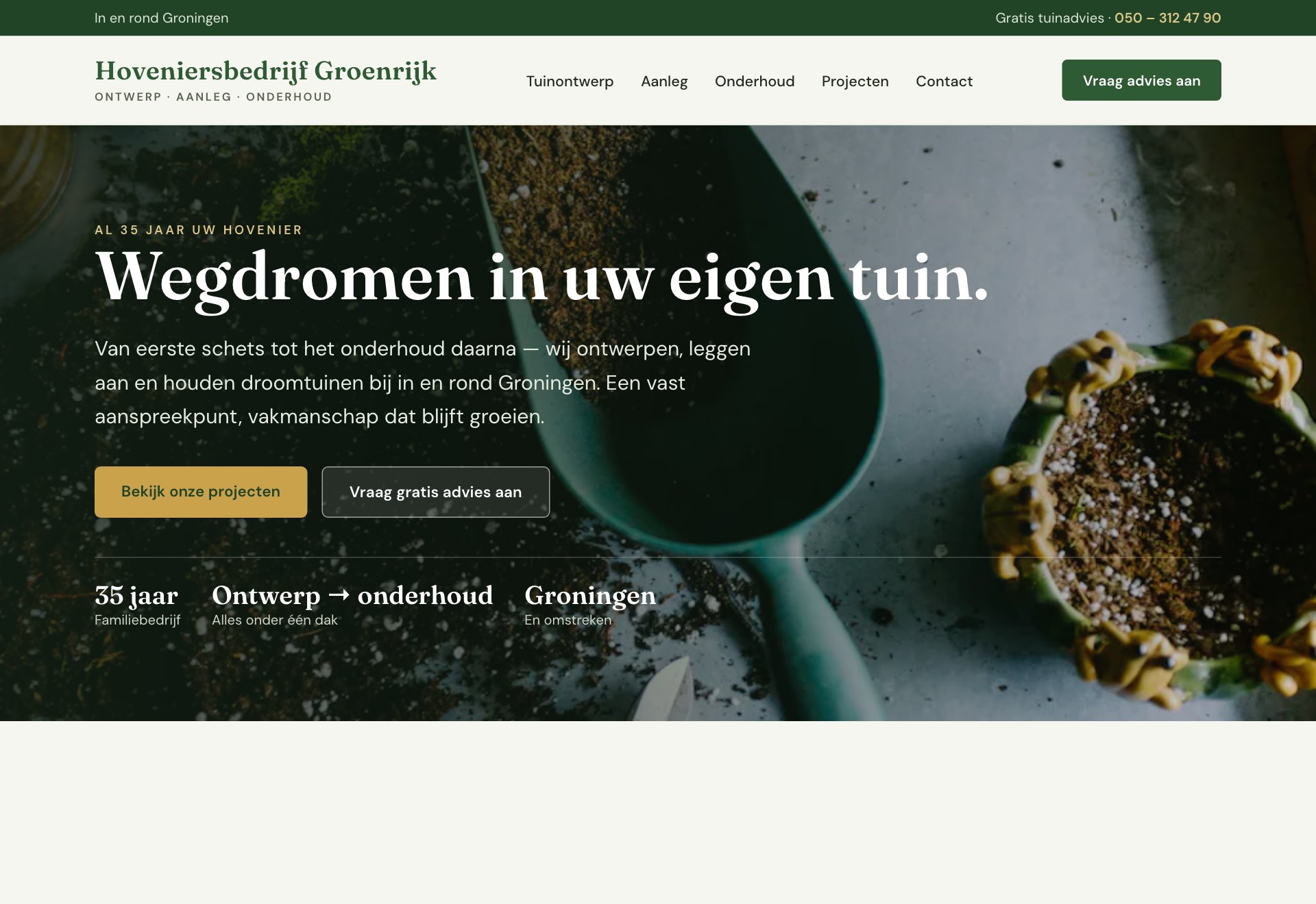 De opnieuw gebouwde hovenier-homepage